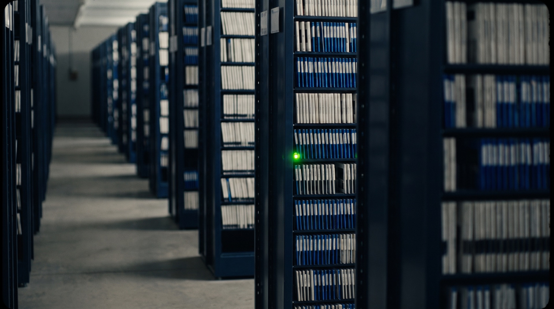 A vault of catalogued navy glass data slides receding into soft light