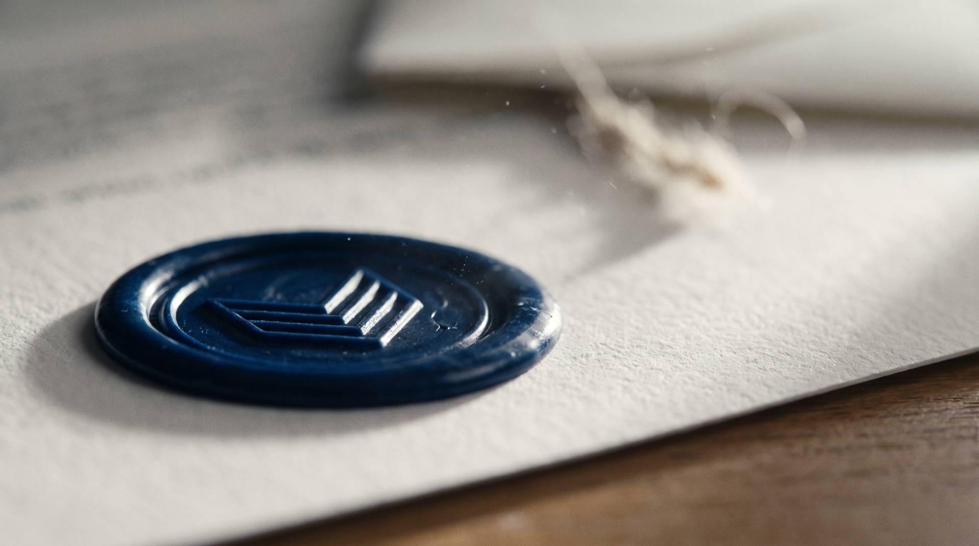 A navy wax seal with a chevron emblem pressed onto thick white contract paper