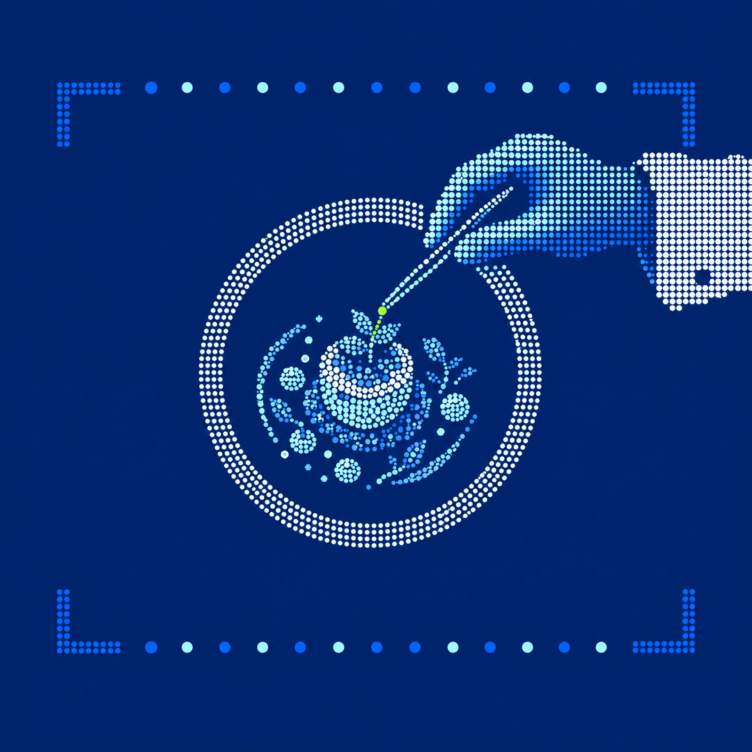 Halftone dot illustration of a chef's hand placing a herb on a plated dish with tweezers, inside a dotted video frame