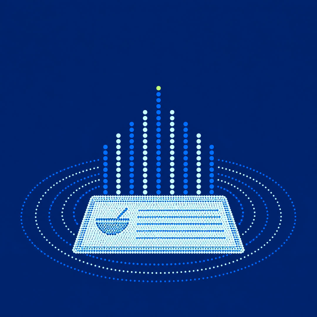 Halftone dot illustration of a recipe card with engagement rising from it as columns of dots, topped by a lime signal dot